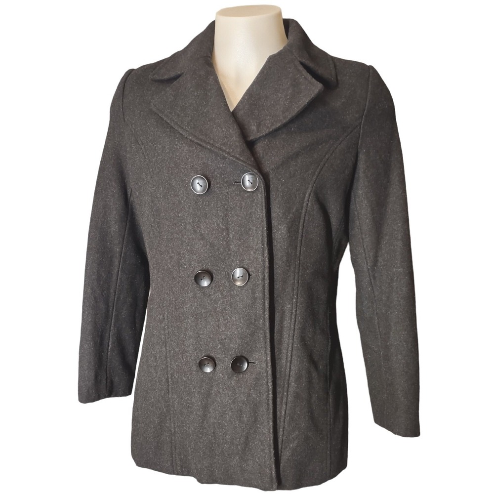 KC Collections Pea Coat Women Large Gray Wool Blend Double Breasted Classic Warm